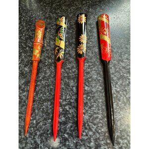 Vtg 4 Japanese Kanzashi Hair Sticks Lacquer Traditional Japanese Hair Ornaments